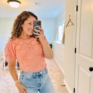 NWT LoveShackFancy Pink Cotton Eyelet Crochet Strawberry Bodysuit Small